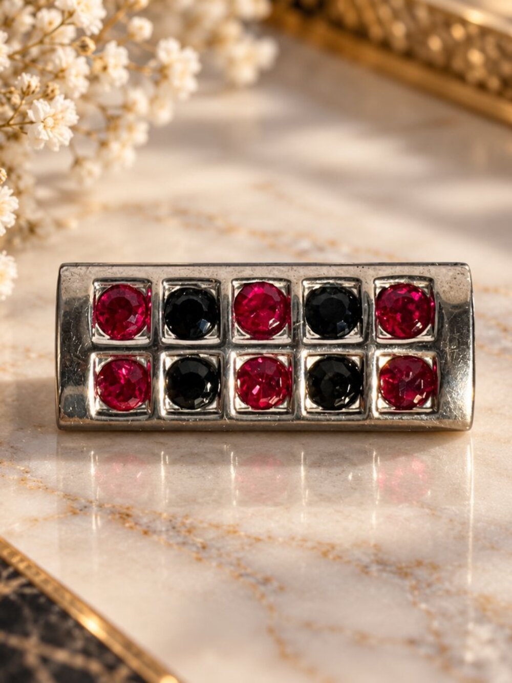 Vintage Chunky Silver Tone Geometric Red Black Rhinestone Bar Ring